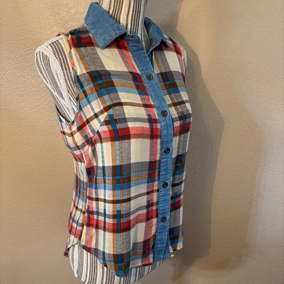 Roommates Top Small Multicolor Plaid Button-Down Shirt Sleeveless Blue Red White - Picture 5 of 13